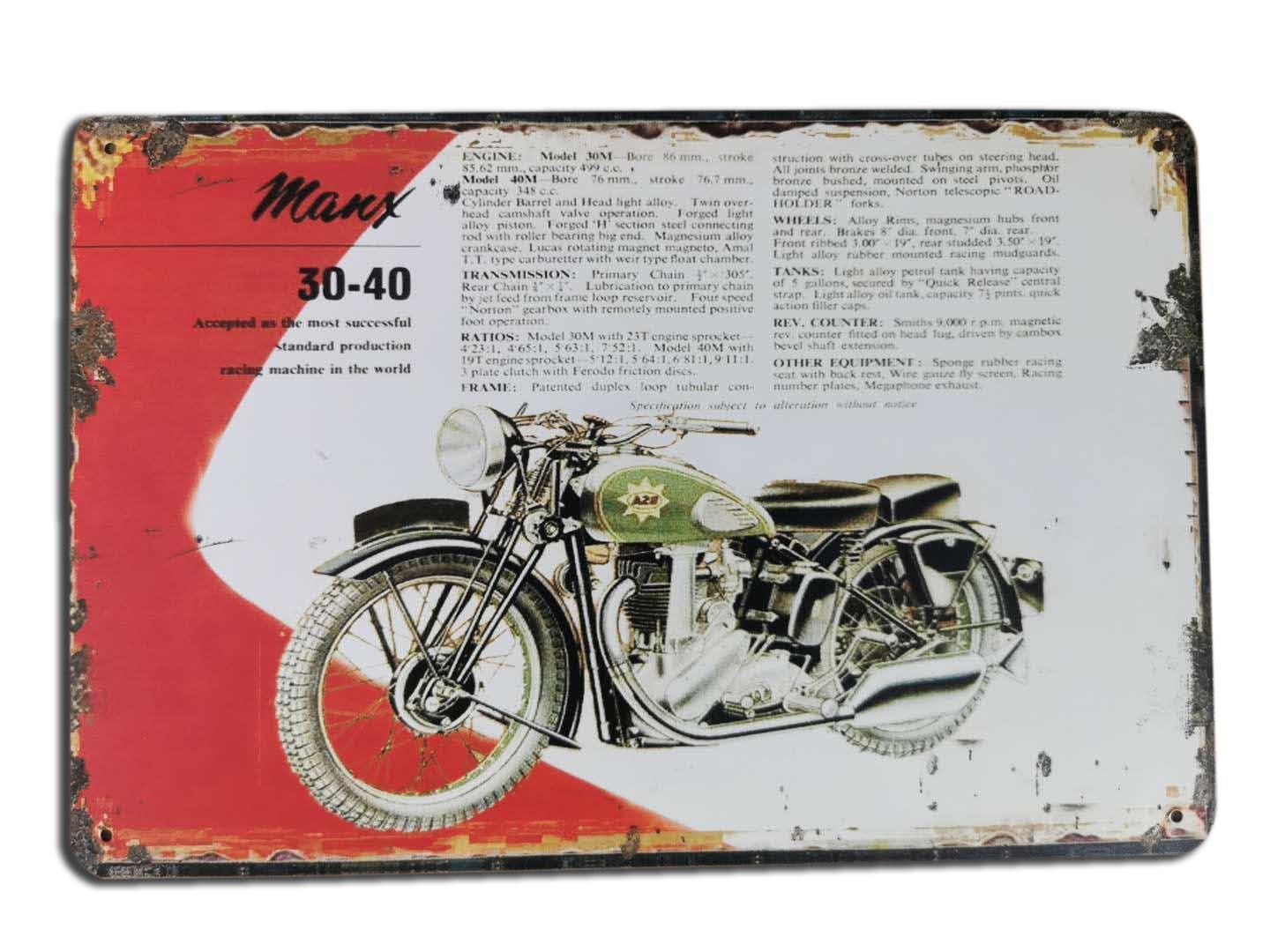 Motorcycle Manx 30-40 Vintage looking Tin Sign 30cm x 20cm
