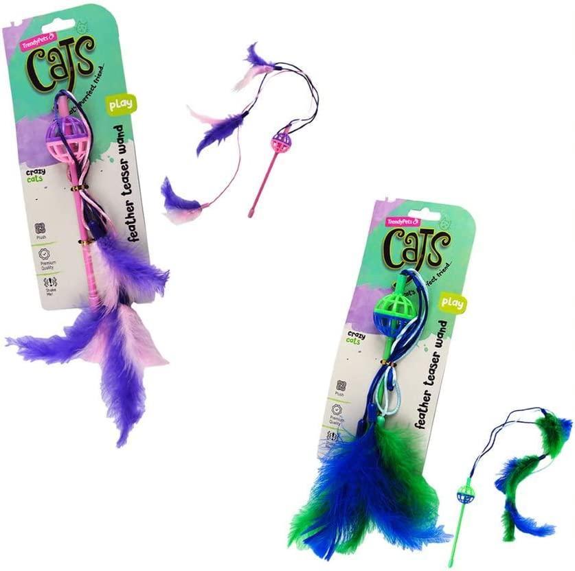 Trendypets Pet Cat Toy Feather Teaser Play Wand 2Pce Encourage Natural Instinct To Pounce