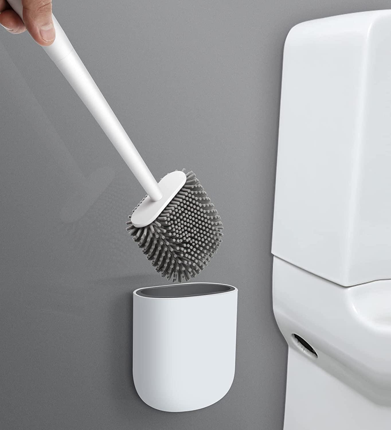 Gray Toilet Brush Holder Set Silicone Wall Mounted Cleaner Brush WC Scrubber Flexible Silicon Bristles