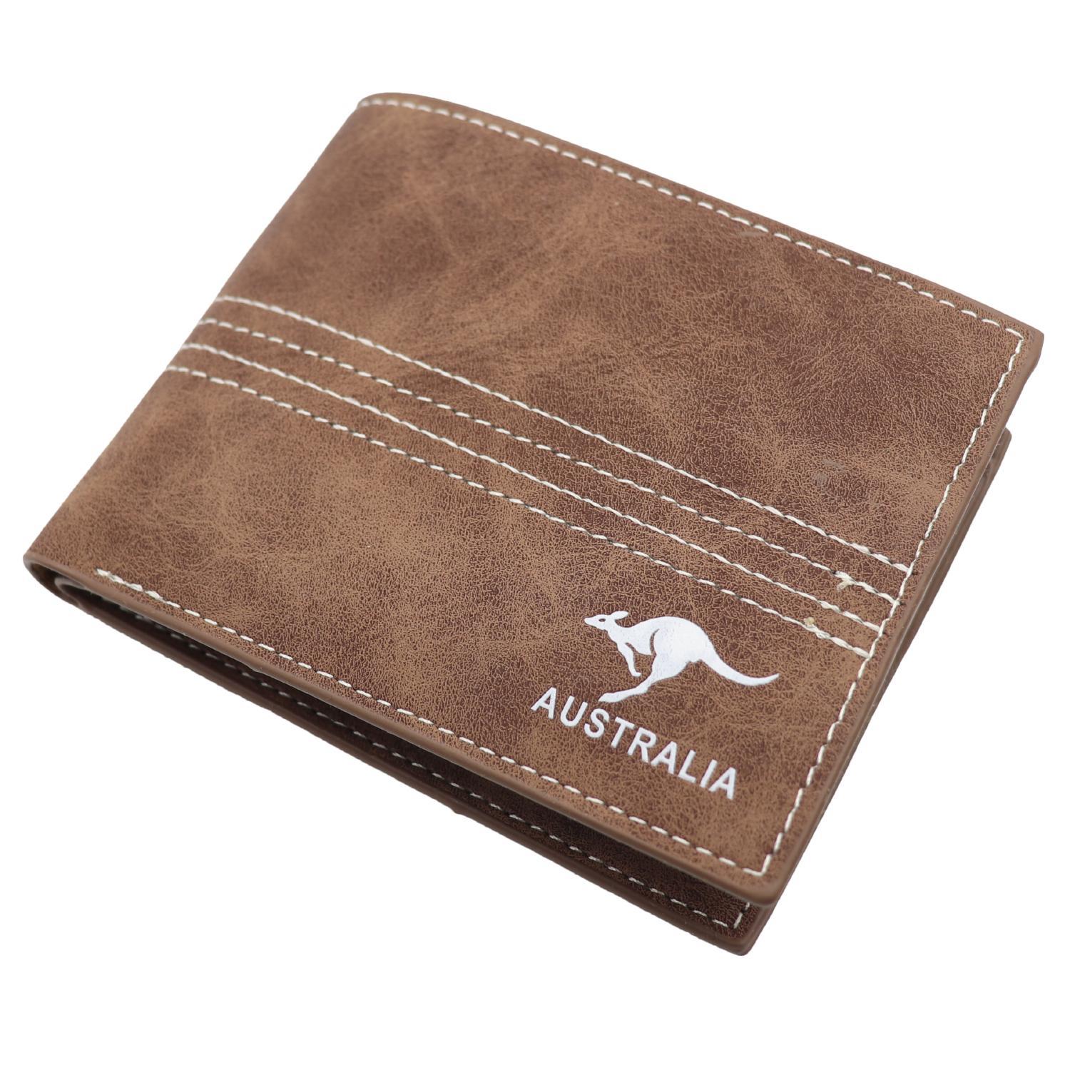 Mens Wallet Australian Kangaroo Leather Bifold Souvenir Gift Coin Card Holder - Rustic Brown Plain
