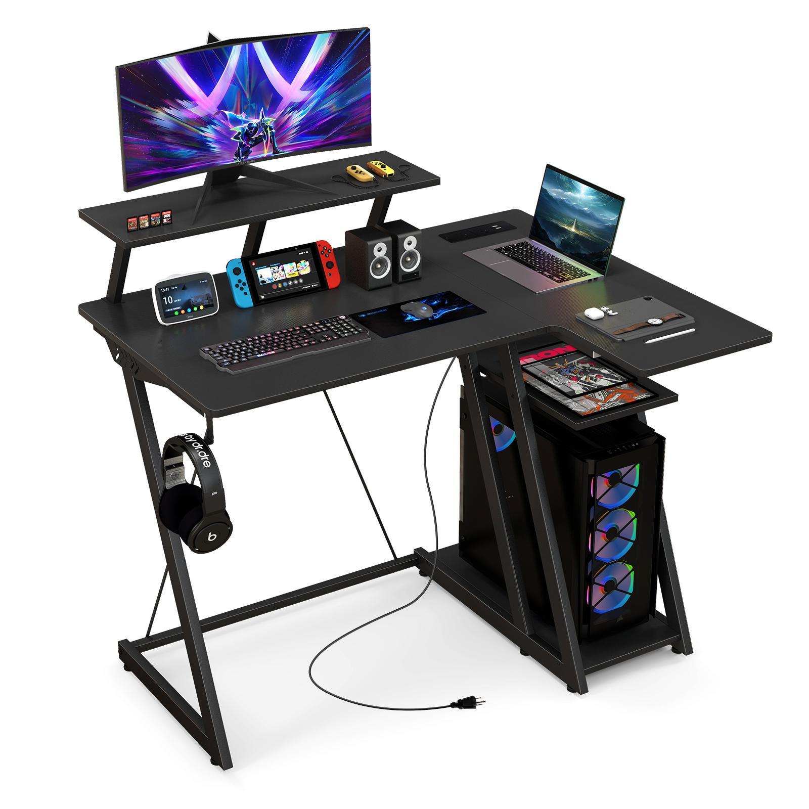 Giantex L Shaped Gaming Desk 2-tier Computer Desk w/Outlets & USB Ports Corner Home Office Desk Black