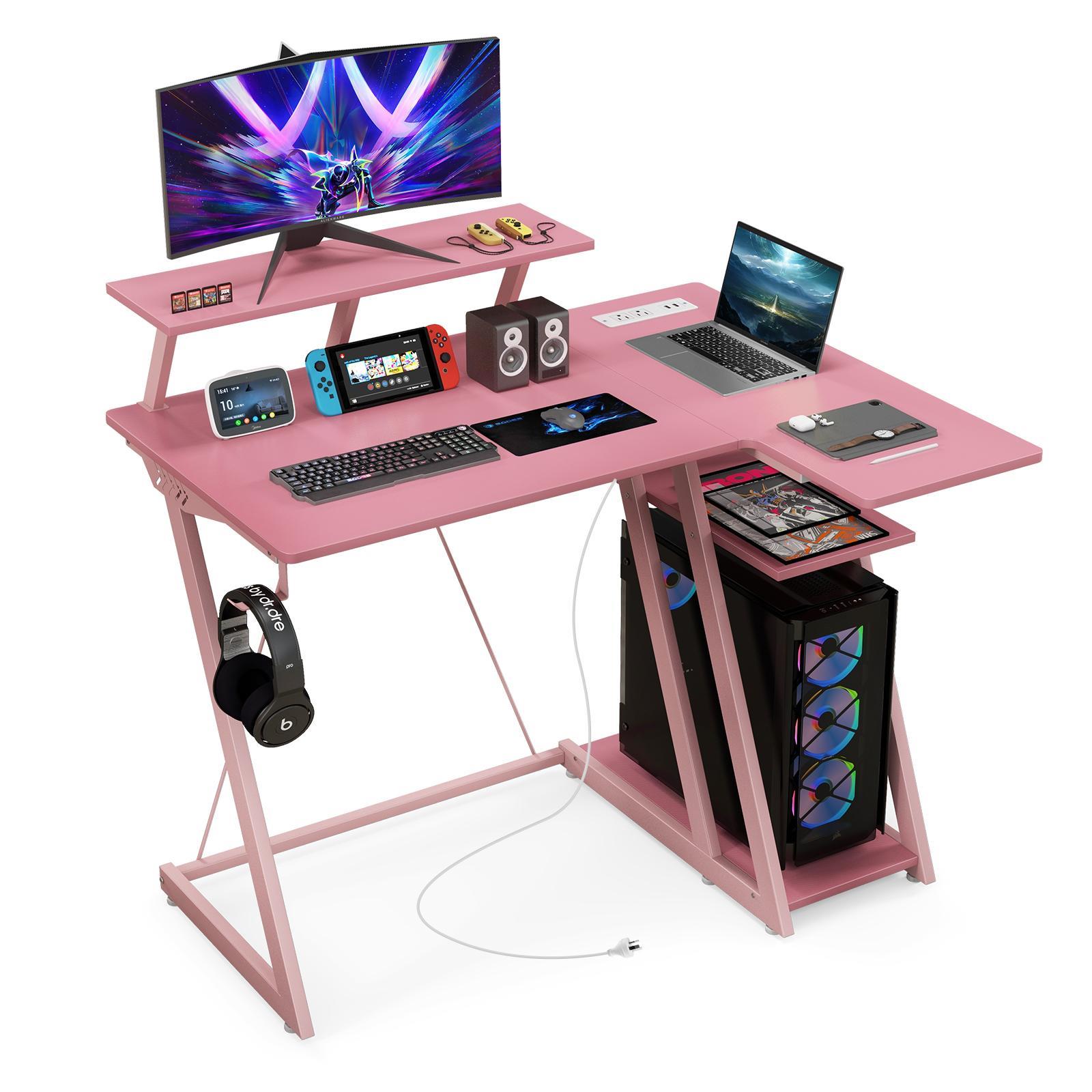 Giantex L Shaped Gaming Desk 2-tier Computer Desk w/Outlets & USB Ports Corner Home Office Desk Pink