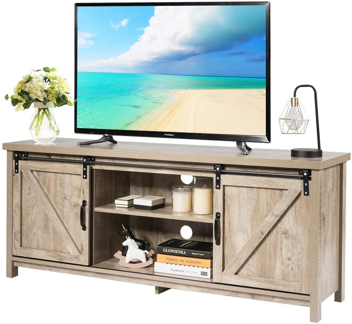 Giantex Wooden TV Stand Entertainment Unit w/Sliding Door Media Console Table,Gray