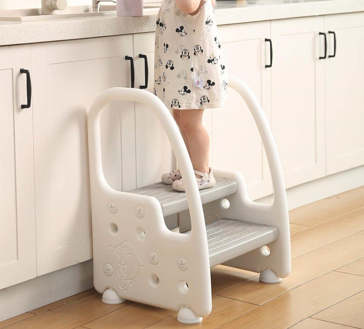 Adjustable Kids Step Stool with Handles & Non-Slip Steps - Gray