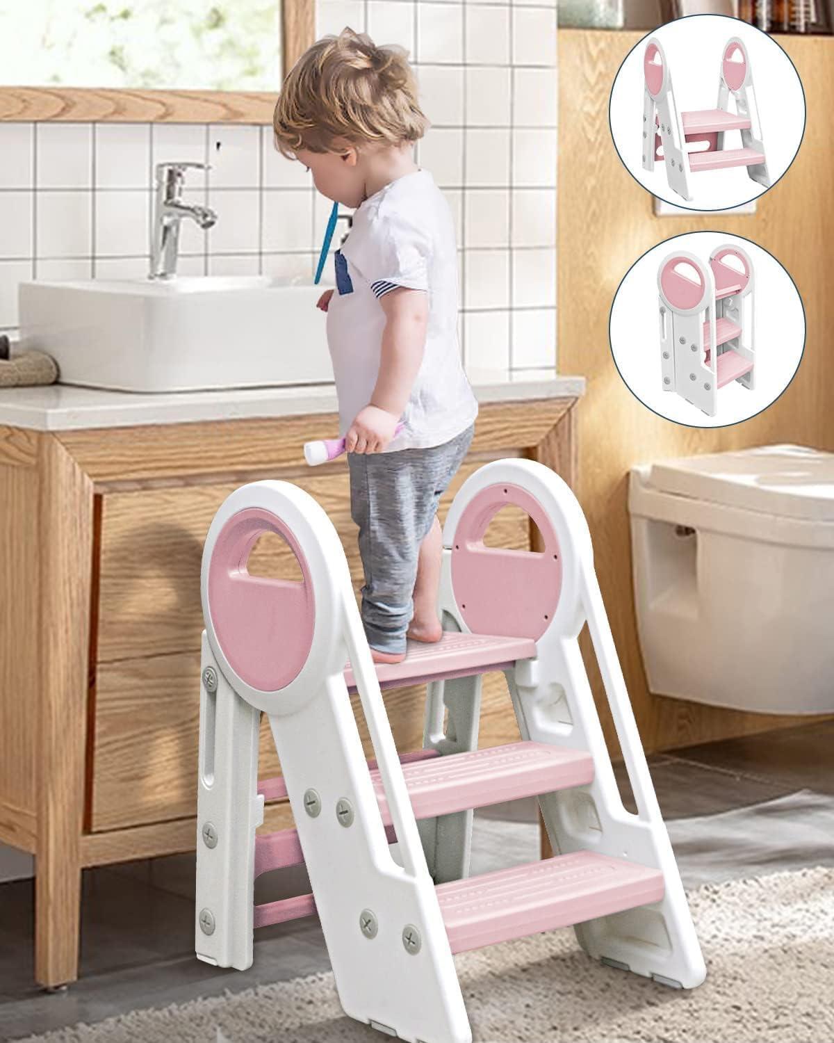 Adjustable Kids Step Stool with Handles & Non-Slip Steps - Pink
