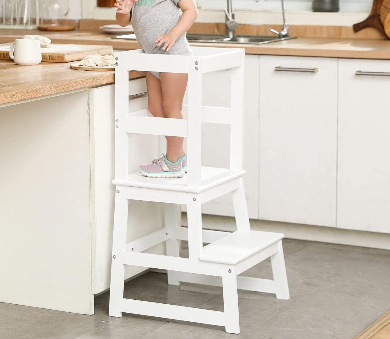 Kids Kitchen Step Stool with Safety Rail, Wood Construction, Montessori Learning Tower - White