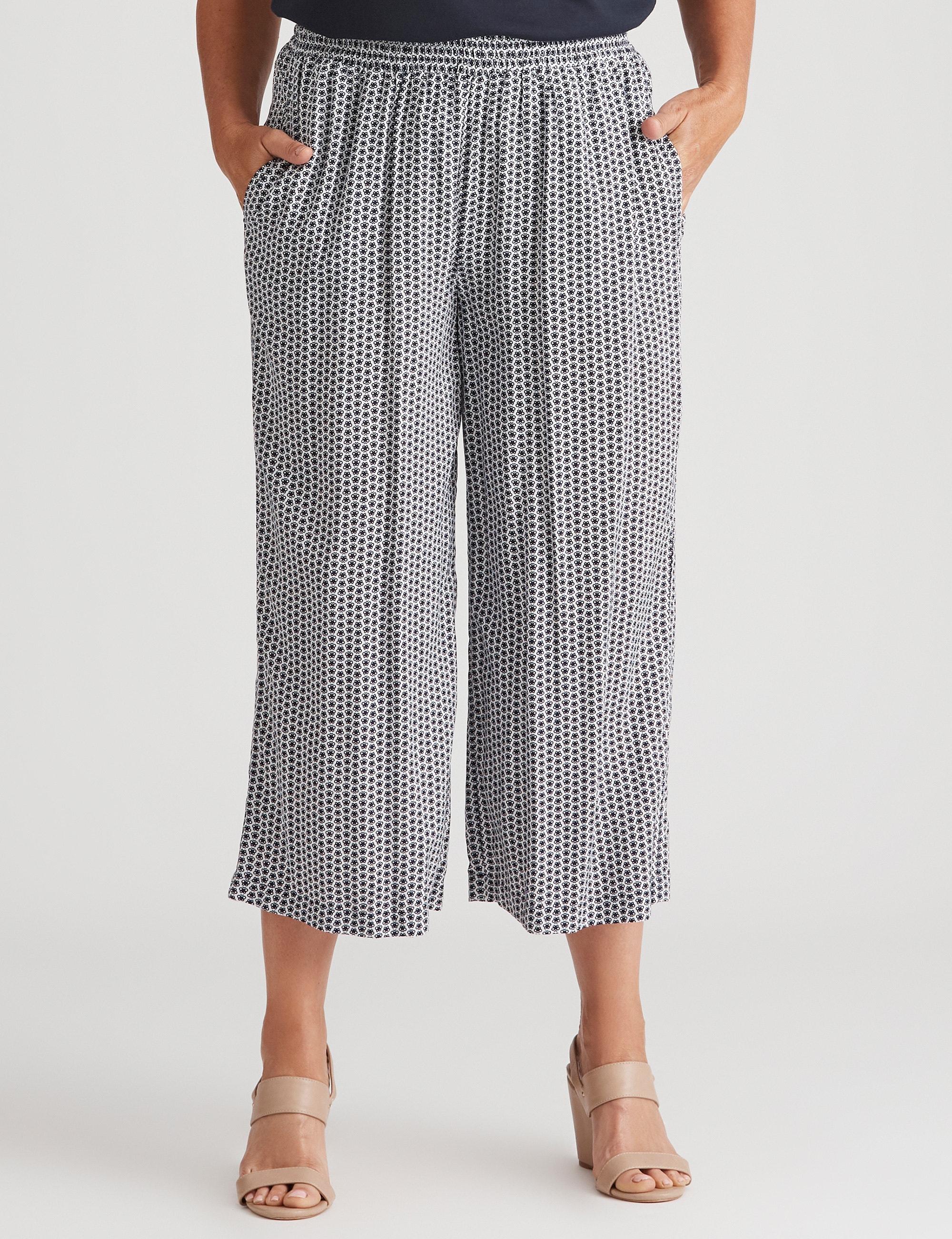 MILLERS - Womens Pants - White Summer Cropped - Wide Leg - Fashion Trousers - Abstract Butterfly - High Waist - Casual Work Clothes - Office Wear