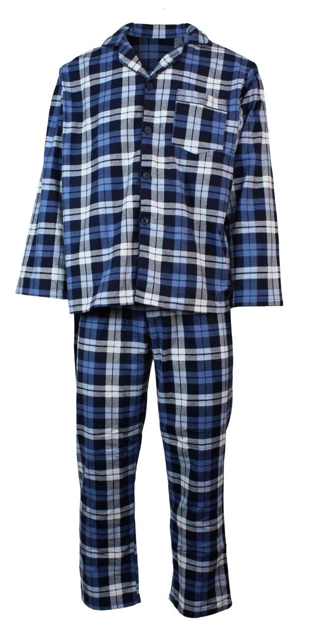 Mens Plus Size Flannelette Pyjamas 100% Cotton PJs Set Top Pants in Blue Check - 3XL