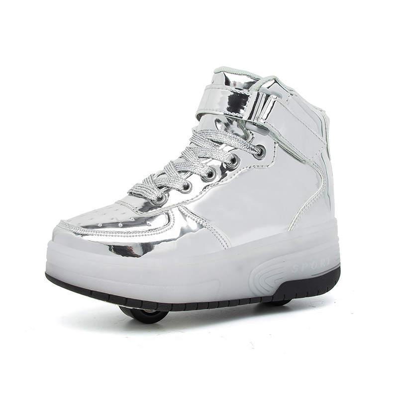 Strapsco Kids Light Up Roller Skate Shoes High Top Sneakers Double Wheels (Silver, 31)