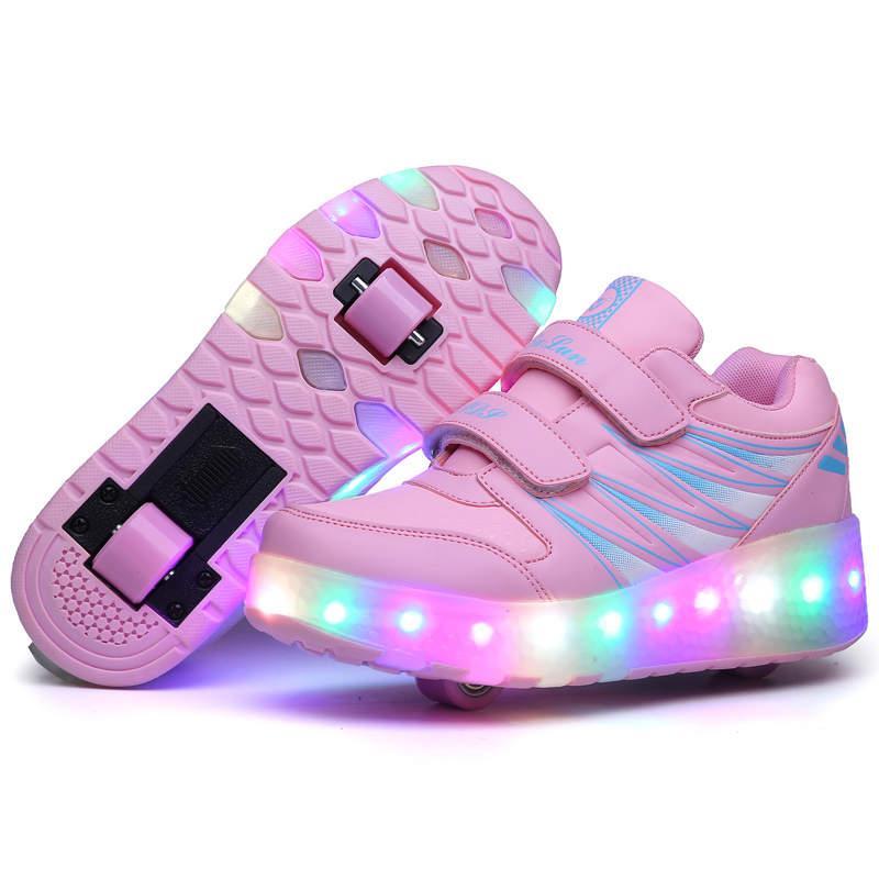 Strapsco Kids Fashion Roller Shoes with Double Wheel USB Charging (Pink, 35)