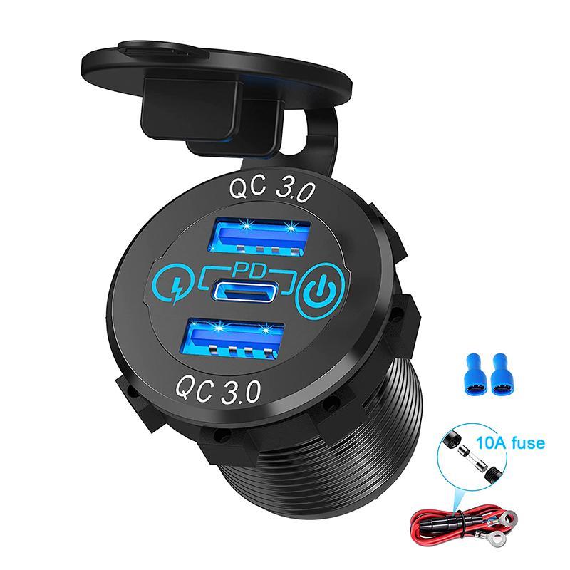 12V-24V 60W Triple USB Car Charger Socket PD3.0 & Dual QC3.0 with Touch Switch Fast Charge Adapter（Green Light ）