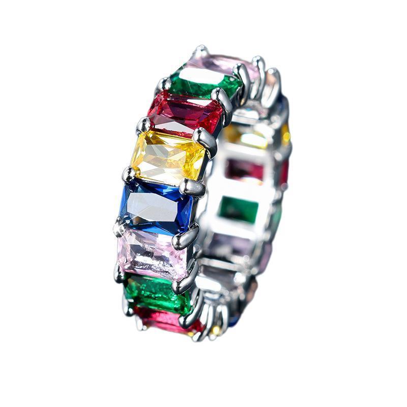 Rainbow Zircon Gemstone Ring Women's Stainless Steel Colourful Ring Size 6-10