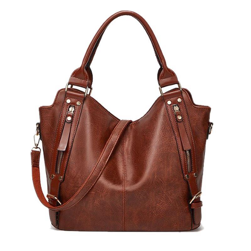 Tote Shoulder Bag With Two Side Pockets - Brown