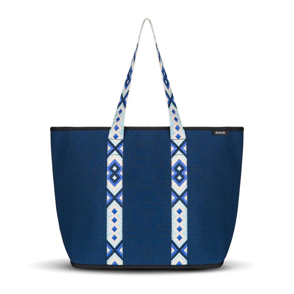Punch Neoprene Explorer Zip Tote Grocery Carry Bag Navy Blue Patterned Handle