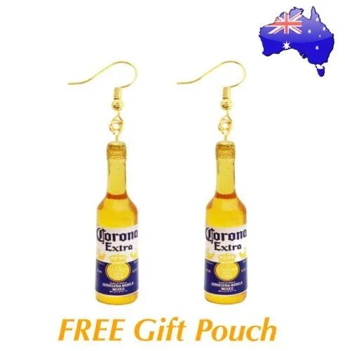 Corona Beer Bottle Alcohol Booze Novelty Drop Dangle Gold Earrings Funny