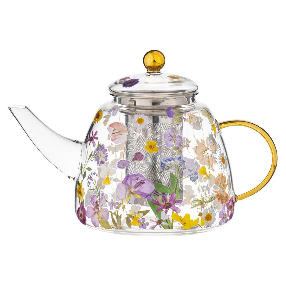 Ashdene Pressed Flowers Double Walled 1.2L Floral Glass Teapot w SS Infuser
