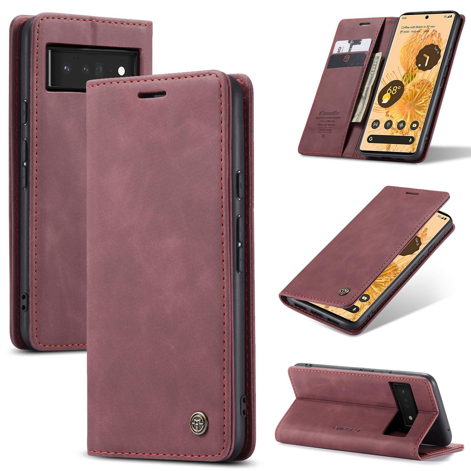 CaseMe Google Pixel 6a 5G Classic PU Leather Folio Case Cover [Wine]