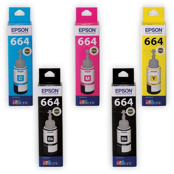 5-Pack Original Epson T664 EcoTank Ink Bottles [2BK+1C+1M+1Y]