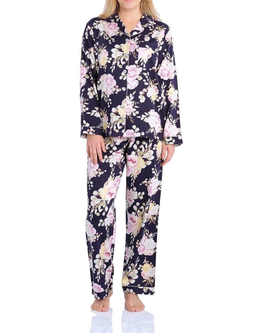 Ladies Magnolia Lounge Navy Blue Large Floral Long Pyjamas PJS Set (YSR001/D1987) [Size: XLarge]