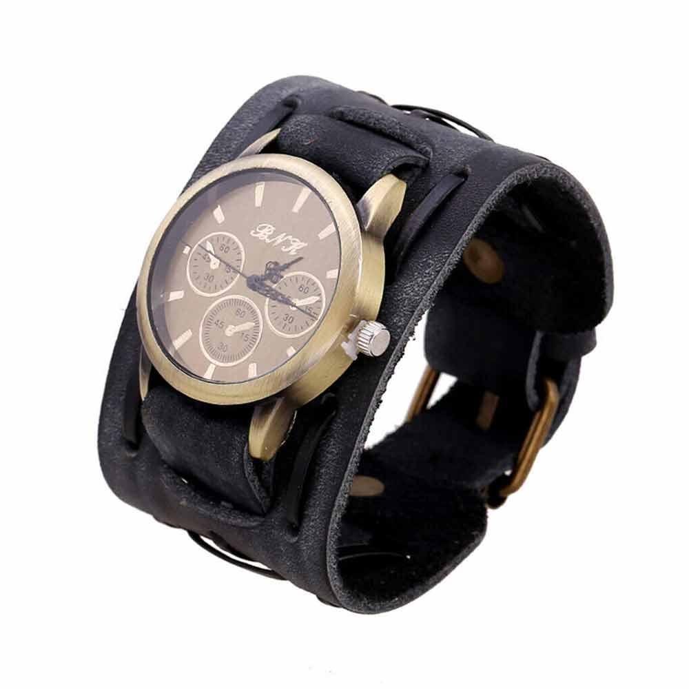 Retro Punk Rock Leather Bracelet Cuff Men Wrist Watch Wide Band Quartz Watch