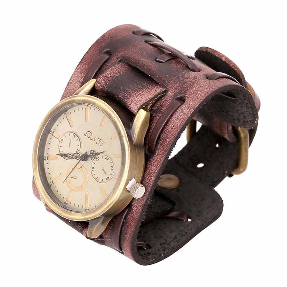 Retro Punk Rock Leather Bracelet Cuff Men Wrist Watch Wide Band Quartz Watch