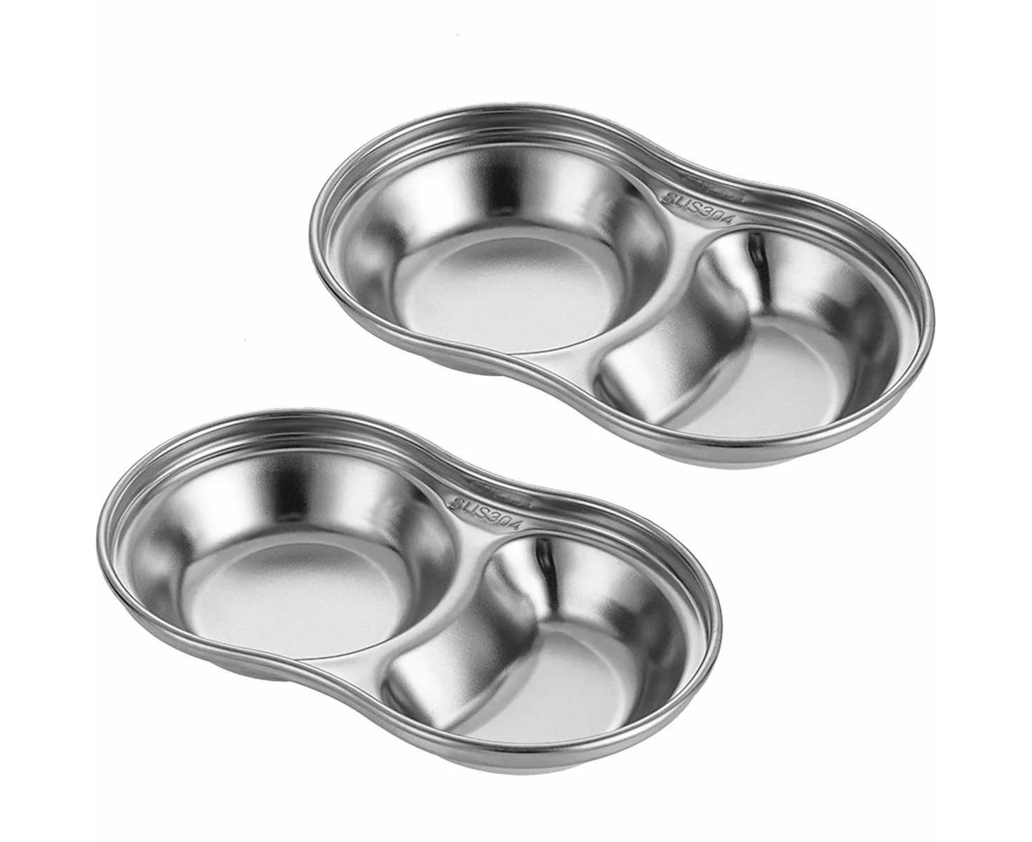 Premium 304 Stainless Steel 2pcs Double Grid Dipping Dish Set - Silver