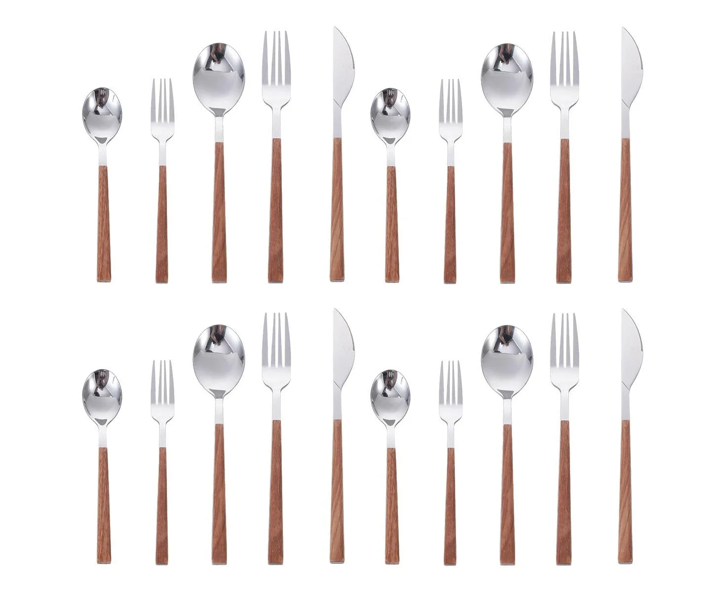 Set 20 Pieces Wood Surface Handle And Matte Gold Head Flatware Set Stainless Steel Cutlery Set Utensil Sets Service Set for 4 - Silver Square Handle