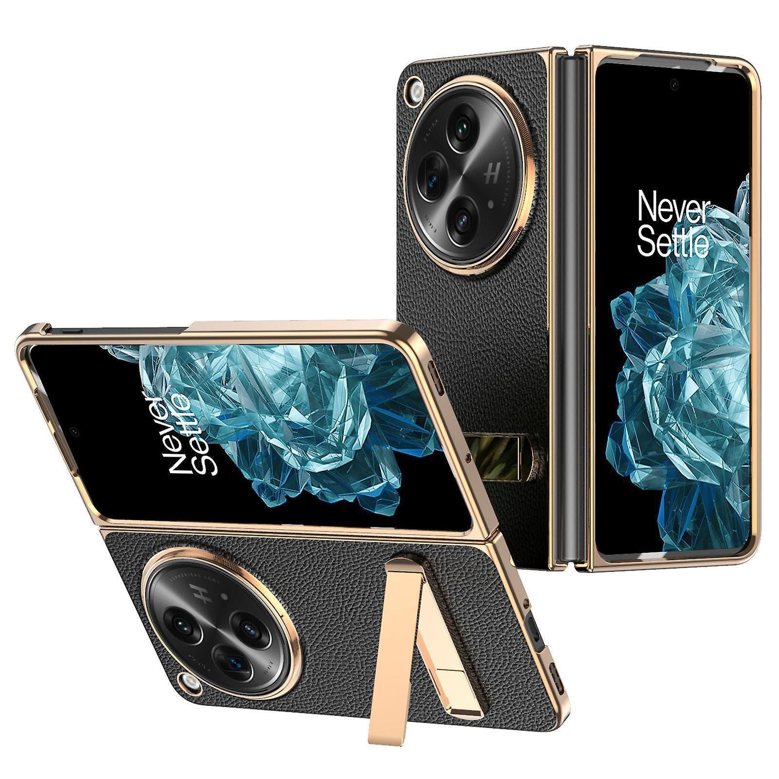 Litchi Texture Leather+pc Phone Kickstand Cover Case For Oneplus Open, With Tempered Glass Film