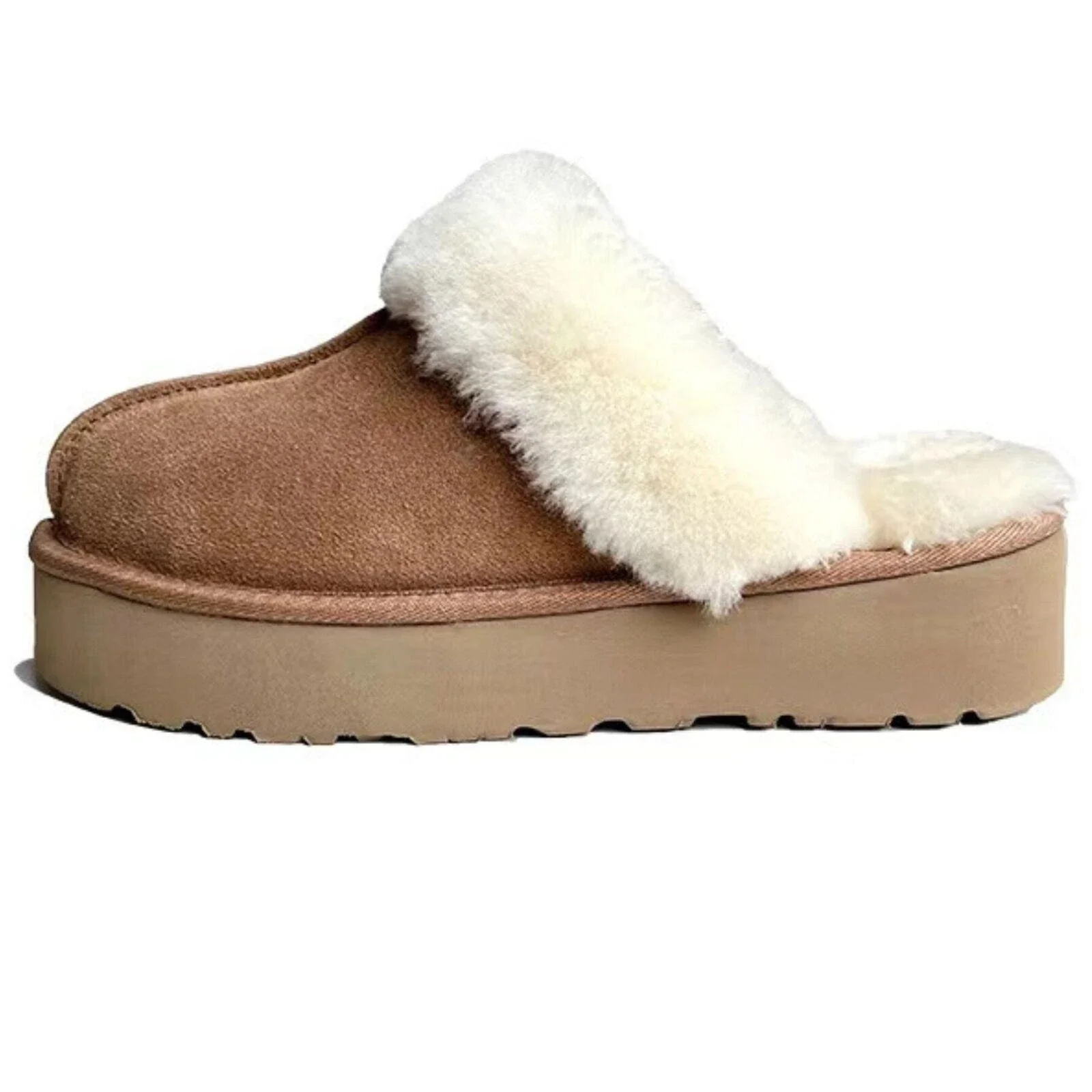 100% Australian Merino Sheepskin Womens Platform Scuffs Moccasins Slippers Winter Slip On UGG in Chestnut - 6 (EUR 37)