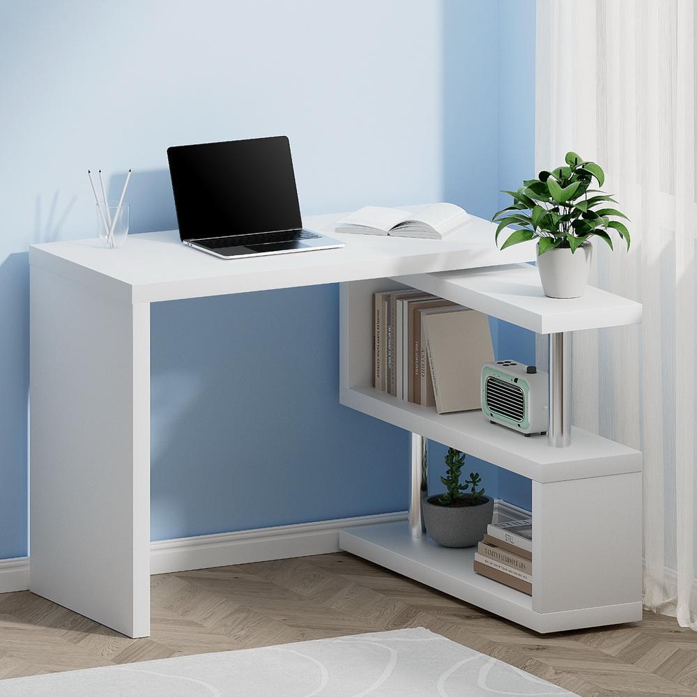 Rotary Corner Desk with Bookshelf - White