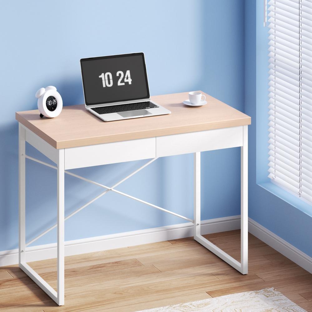 Metal Desk with Drawer - White with Wooden Top