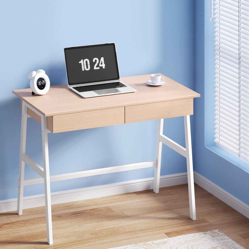 Metal Desk with Drawer - White with Oak Top