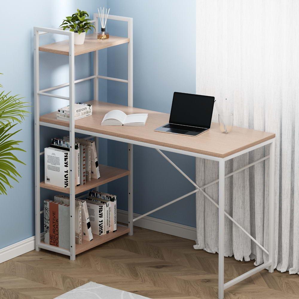 Metal Desk with Shelves - White with Oak Top