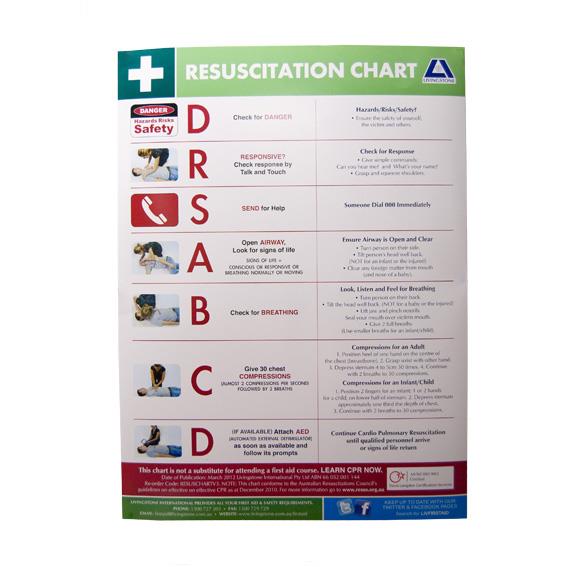Livingstone Resuscitation Chart, Danger - Response - Summon Help - Airway - Breathing - CPR - Defibrillation, A2, Not Laminated, Each