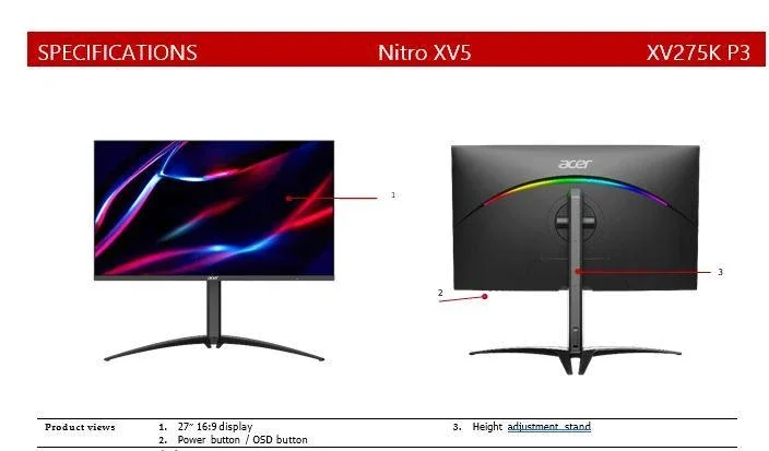 Acer NITRO ADAPTIVESYNC, 27" HDR1000,16:9,MINI LED,UHD(3840x2160),1ms,160Hz, Gaming Monitor