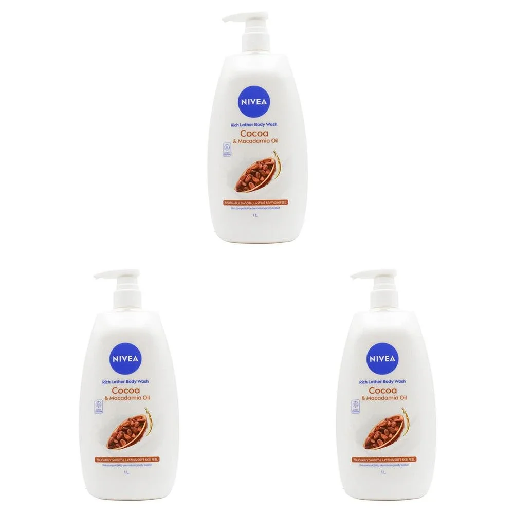3x Nivea 1L Body Wash Foaming Liquid Shower Bath Soap Cocoa & Macadamia Oil