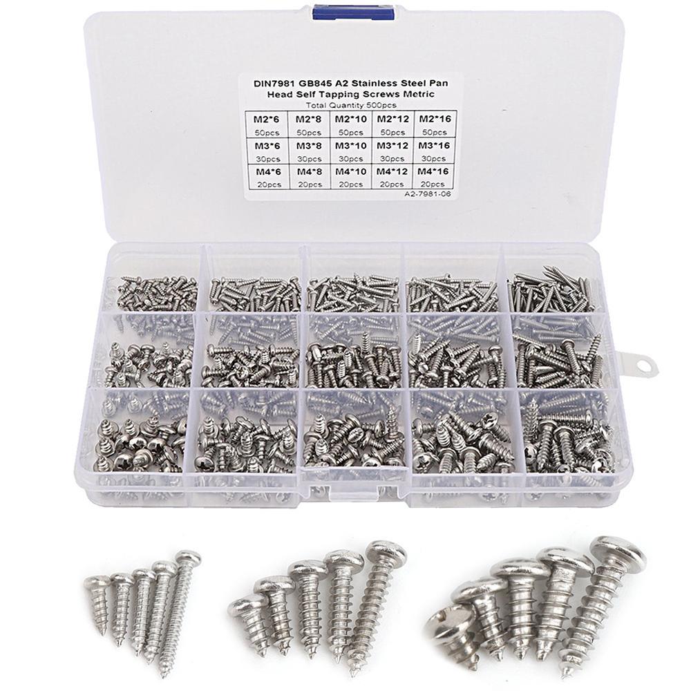 500pcs M3 304 Stainless Steel Pan Flat Head Self-Tapping Screws Assorted Kit