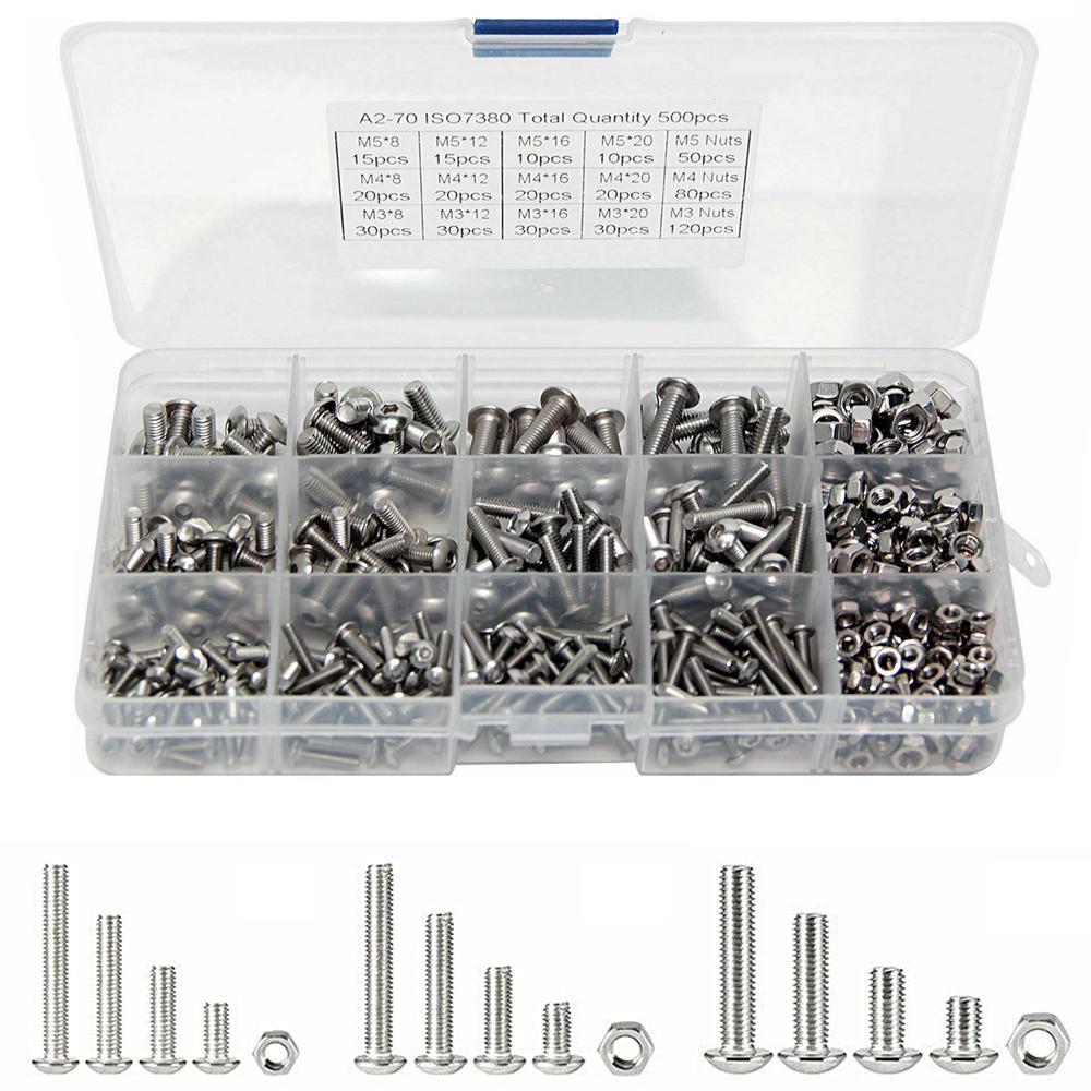 500pcs M3/M4/M5 Stainless Steel Hex Socket Button Head Bolts Screws Nuts Kit