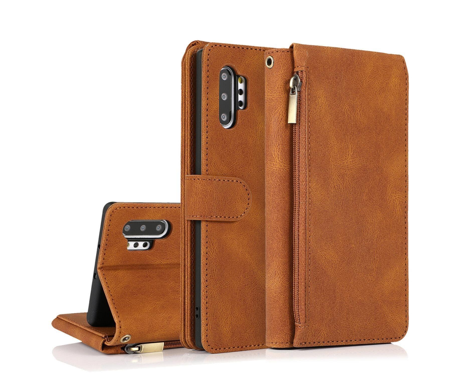 Samsung Galaxy Note 10 Plus Leather Zipper Purse Case - Brown