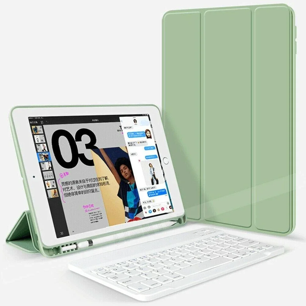 For iPad Air 3 Bluetooth Keyboard +Pen Holder Leather Case-Green