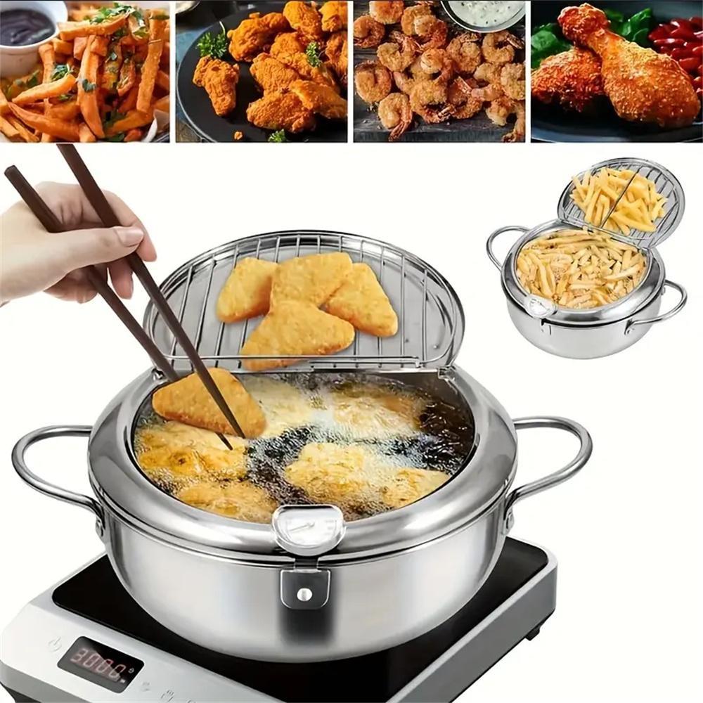 Kitchen Stainless Steel Deep Fryer Frying Pot With Oil Drainer Thermometer & Lid