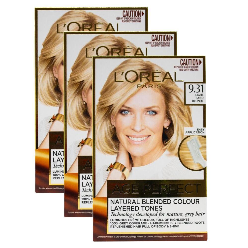 3PK Loreal Age Perfect Hair Colour 9.31 Light Sand Blonde Creme Dye GRY Coverage