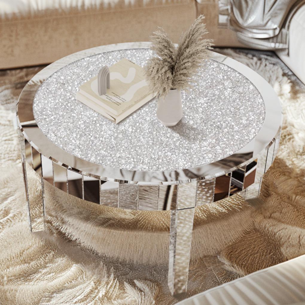 FIN 80cm Large Round Mirrored Coffee Center Table Bling Crushed Diamond Tabletop AU