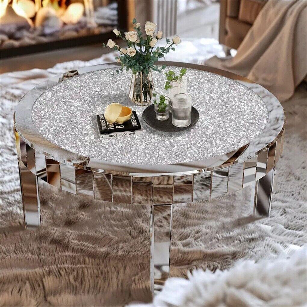 FIN Round Coffee Table Mirrored Glass Center Tables Diamonds Embedded Accent Tables