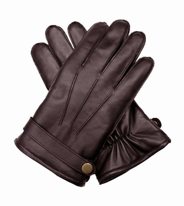 Dents Mens Wool Knit Lined Leather Gloves with Strap and Stud - Brown - Medium