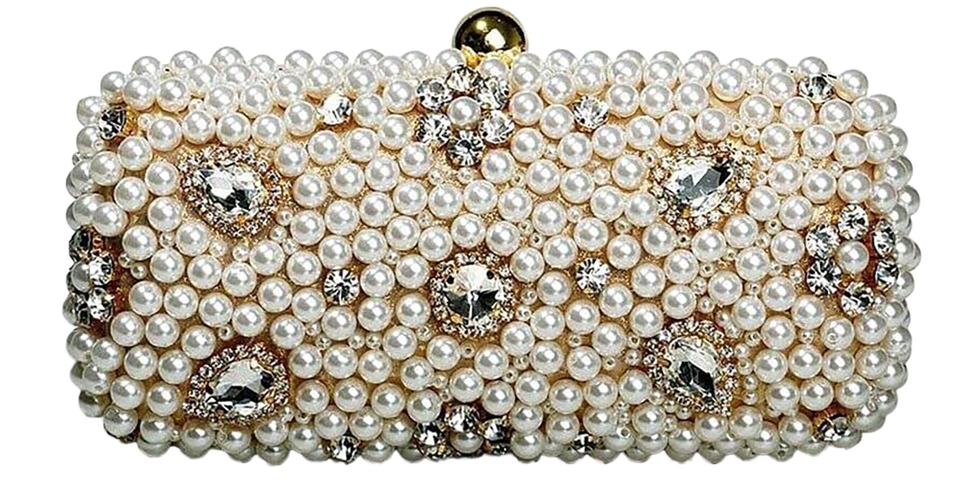 Womens Gold Clutch Hand Bag Pearls Diamante Wedding Bridal