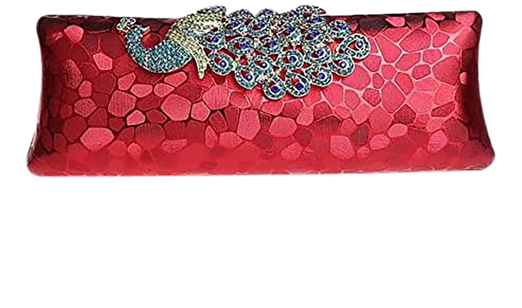 Womens Hard Case Clutch Bag Wedding Party Work Peacock Red