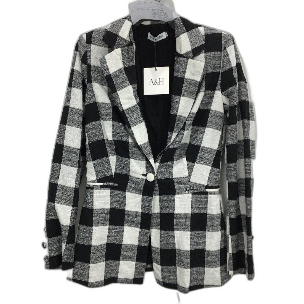 Atmos & Here Ciover Black White Check Cotton Linen Blend Blazer Ladies Sz 6 NEW