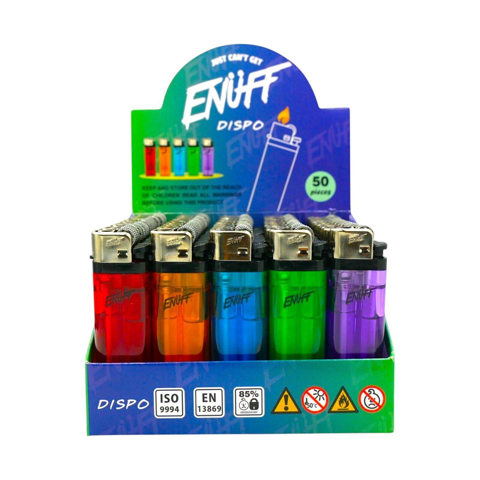50 Enuff Lighters Gas disposable Adjustable Flame Assorted Colours
