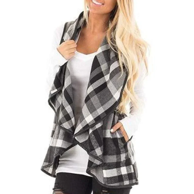 Open Front Sleeveless Plaid Vest with Pockets- Grey - Fashionable - Loose Fit - Breathable Fabric Lightweight Soft - Perfect For Any Occasion